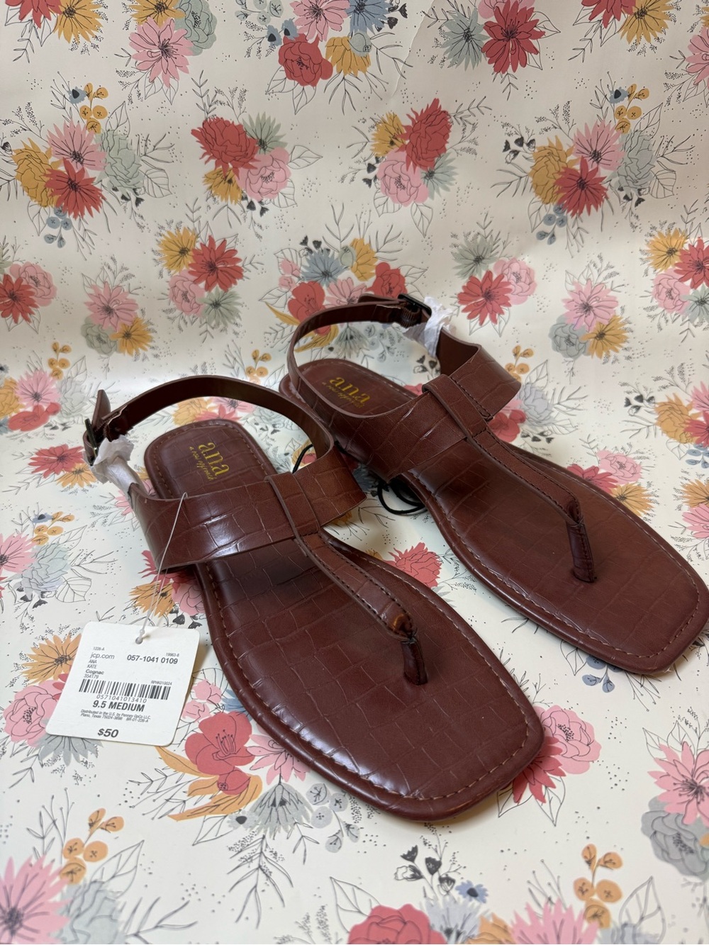 a.n.a Brown Croc-Embossed T-Strap Sandals